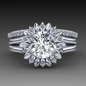 Sunflower 14K White Gold Moissanite and Diamond Floral Engagement Ring Set
