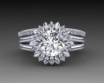 Sunflower 14K White Gold Moissanite and Diamond Floral Engagement Ring Set