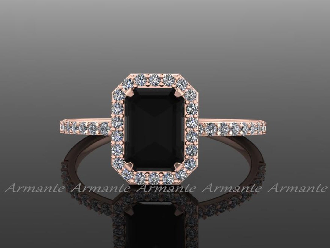 Black Diamond Emerald Cut Engagement Ring White and Black Etsy
