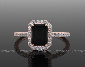 Black Diamond Emerald Cut Engagement Ring, White And Black Diamond 14k Rose Gold Halo Ring, Wedding Ring Re0005