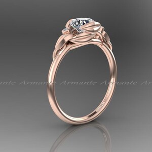 Unique Flower Leaf Engagement Ring Rose Gold Moissanite and Diamond Floral RIng