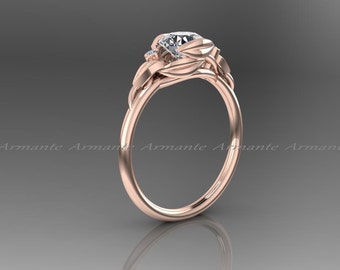 Unique Flower Leaf Engagement Ring Rose Gold Moissanite and Diamond Floral RIng