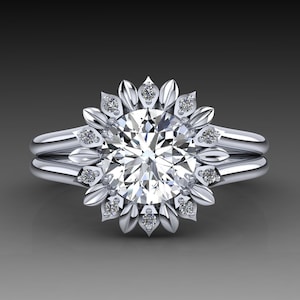 Sunflower Moissanite Ring 14K White Gold Diamond Floral Engagement Ring Forever One Moissanite