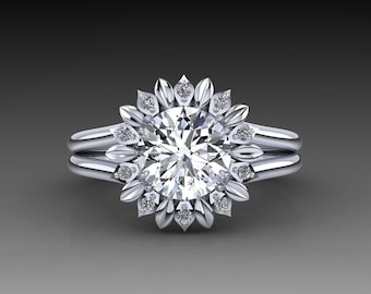 Sunflower Engagement Ring: Moissanite Center, 14K White Gold Floral Diamond Halo