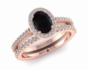 Oval Black Diamond Engagement Ring Set: 14k Rose Gold Wedding Rings