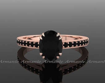 Vintage Style Oval Black Diamond Engagement Ring: 14K Rose Gold Wedding Ring
