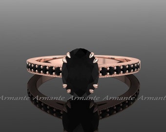 Black Diamond Engagement Ring, Oval Engagement Ring, Vintage Engagement Ring, 14K Rose Gold, Oval Black Diamond Wedding Ring, Re00014r