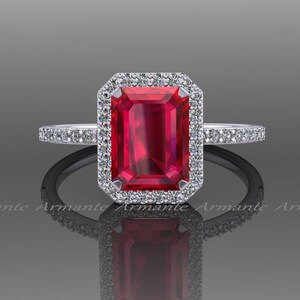 Ruby Engagement Ring, Natural Diamond 14k White Gold Halo Ring, Emerald Cut Ruby Wedding Ring Re0005ru
