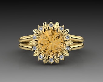 Sunflower Ring, Yellow Gold, Citrine Gemstone And Diamond Flower Ring