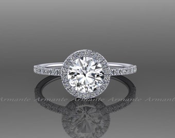 White Sapphire Engagement Ring, 14k White Gold Halo Wedding Ring, Bridal Jewelry Re00073w