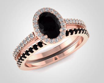 Oval Black Diamond Engagement Ring Set: 14K Rose Gold Diamond Bridal Rings