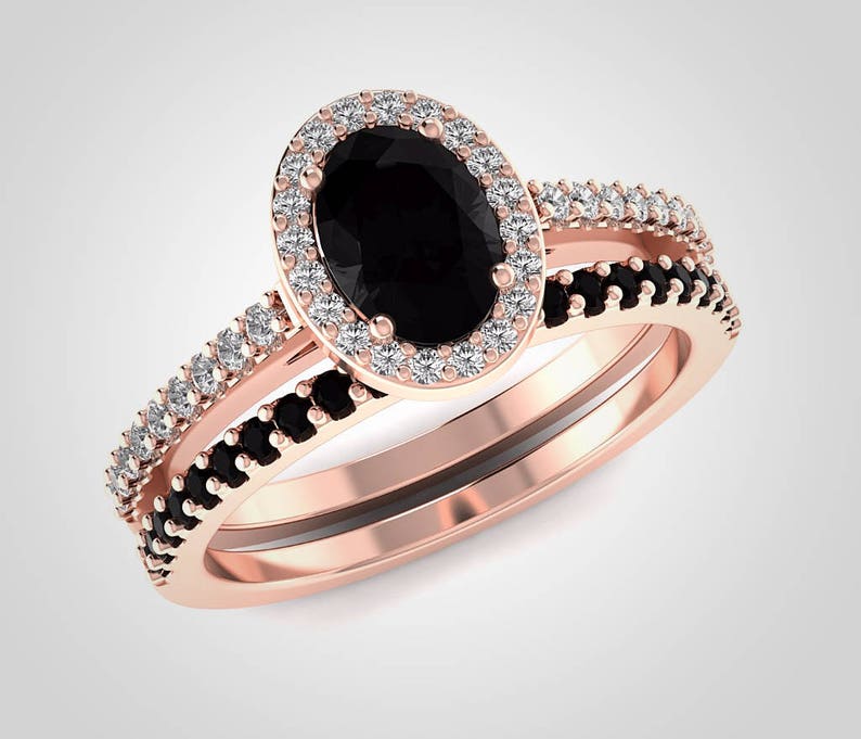 Black Diamond Ring Set Black Engagement Rings Oval Cut Natural Etsy