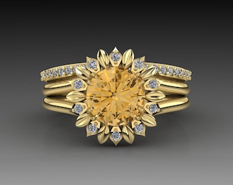 14K Gold Sunflower Ring Set: Citrine & Diamond Floral Engagement Rings