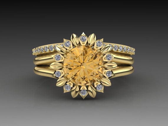 14K oro girasol anillo conjunto citrino gema y diamante anillo - Etsy España