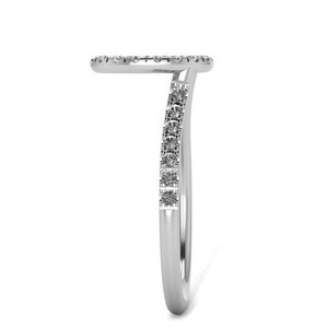 May include: A silver ring with a delicate band and a circle of small diamonds. The band is curved and the circle of diamonds is on the top of the ring.