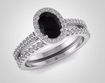 Oval Black Diamond Ring Set: 14K White Gold, Natural Diamonds Engagement Rings