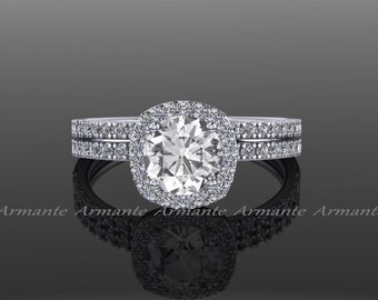 White Sapphire Engagement Rings, Halo Wedding Ring Set, Diamond Alternative, 14K White Gold, Natural White Sapphires, RE71