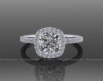 Forever One Moissanite, Platinum Diamond, Halo Engagement Ring, Charles Colvard Cushion Colorless Forever One