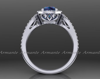 Alexandrite Engagement Ring, 14K White Gold, Diamond Halo Ring, With Filigree Design