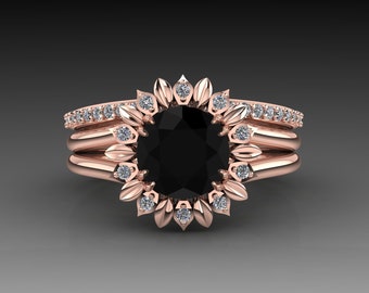 Rose Gold Sunflower Black and White Diamond Engagement Ring Set