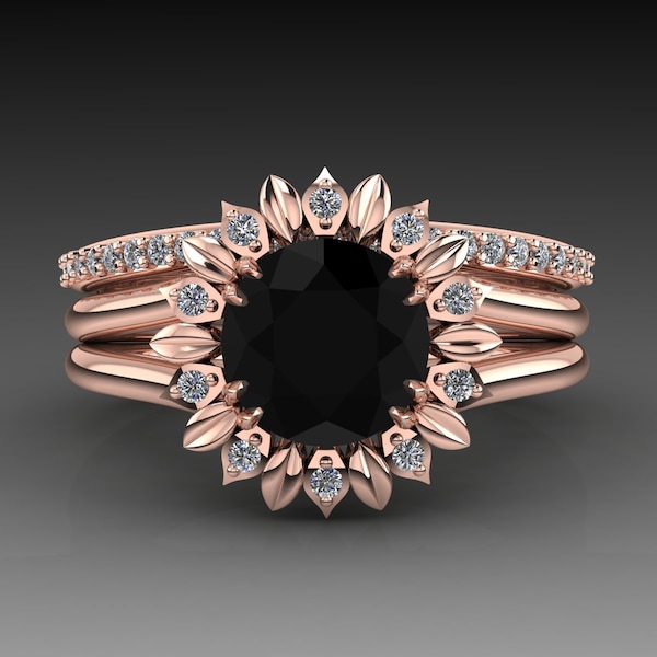 Sunflower Black Diamond Engagement Ring Set, Rose Gold Sunflower Diamond Wedding Ring Set