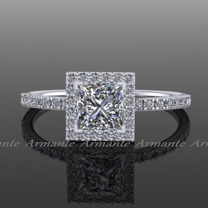 Moissanite Princess Cut  Engagement Ring, 14K White Gold Diamond And 1.00 carat Square Moissanite Halo Ring, Wedding Ring RE57.5W