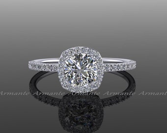 Dainty Halo Engagement Ring Forever One Moissanite and Diamond White Gold Engagement Ring