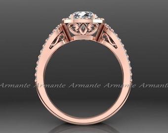 Rose Gold Halo Engagement Ring, 14k Rose Gold Diamond And Forever Brilliant Moissanite Filigree Ring Wedding Ring Re00012r