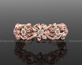 Floral Wedding Ring, 14k Rose Gold Eternity Diamond Band, Wedding Ring,engagement Ring, Right Had Ring. Re00026