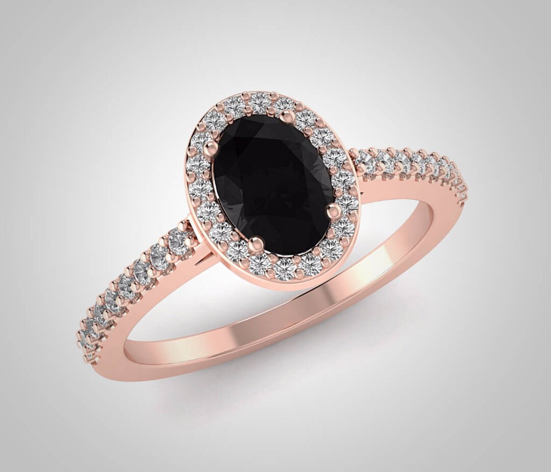 Oval Black Diamond Ring Rose Gold Diamond Ring Halo Black - Etsy