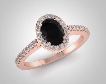 Oval Black And White 14K Rose Gold Engagement Ring