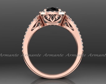 Black Diamond Halo Engagement Ring, 14K Rose Gold Filigree Wedding Ring