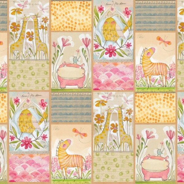 Hello World Mini Menagerie Multi Panel by Cori Dantini Jungle Animal fabric panel, hippos, zebras, giraffes 1 yard