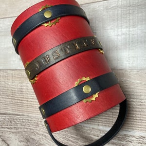Leather water bottle holder, subtly Steampunk, &quot;JUSTICE&quot; in black, red with black accent straps, belt clip, Antique Brass, 3 inch diameter