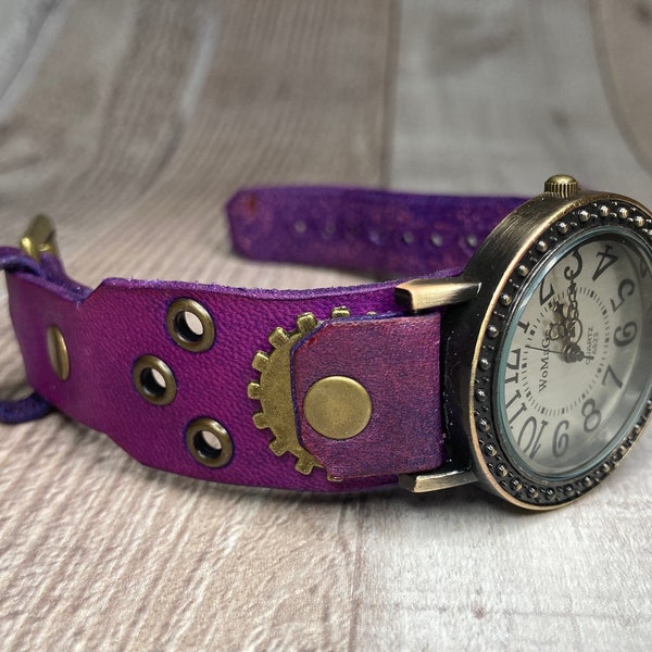 Purple Steampunk watch narrow cuff;  Medium to large wrists; Wrist sizes 5-3/4 to 7-1/4 inches