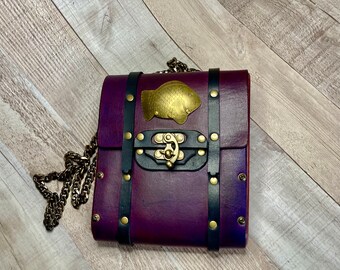 Purple Bag with Chain and Vintage Brass Fish Pin for Phone, Keys, Cards