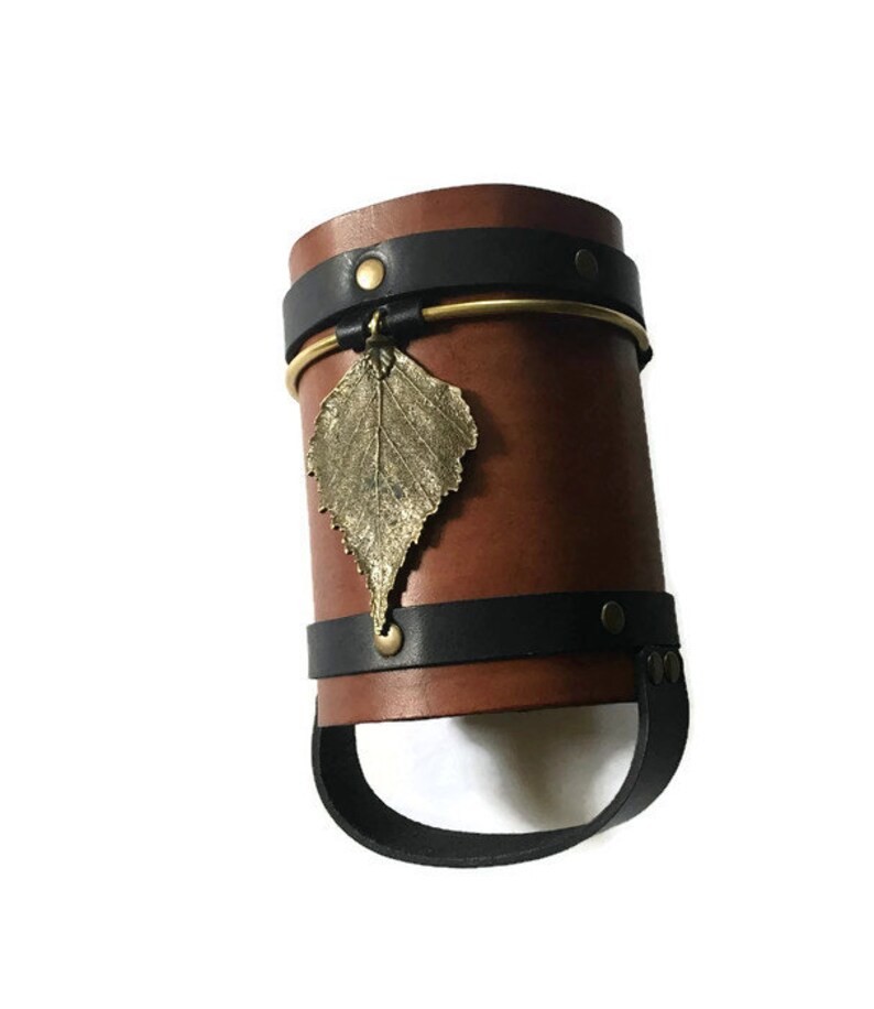 Leather water bottle holder with belt clip and brass leaf 3 Etsy
