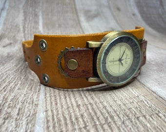 Yellow and Brown Steampunk watch wide cuff;  Medium to large wrists; Wrist sizes 7.0 to 8-3/4 inches