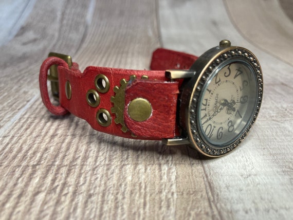 Red Steampunk watch narrow cuff; Small to medium wrists; Wrist sizes 5-1/4  to 6-1/2 inches