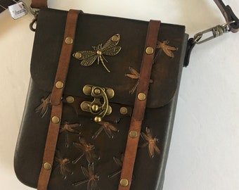 Dragonfly Crossbody Brown Leather Bag for Phone, Keys, Card Slots, Adjustable Strap, Unique Purse