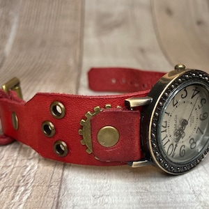 Red Steampunk watch narrow cuff;  Medium to large wrists; Wrist sizes 5-3/4 to 7-1/4 inches
