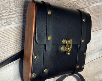 Black Leather and Wood Crossbody Bag, African Mahogany, for Phone, Keys, Card Slots