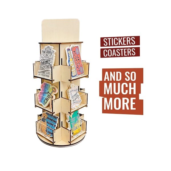 Rotating Display Stand, 3 Tier Wooden Organizer, 4-Sided Display Rack, 180 degree Spinning Multi-Pocket Tabletop Display Stand for Stickers