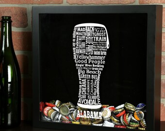 Alabama Craft Beer Typography Beer Cap Shadow Box - Beer Bottle Cap Holder