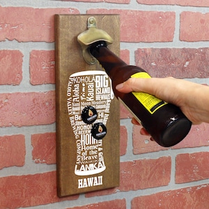 Magnetic Wall Mounted Bottle Opener - Hawaii Craft Beer Typography - Holds 150+ Caps - Father&#39;s Day Gift - Man Cave - Groomsmen Gift