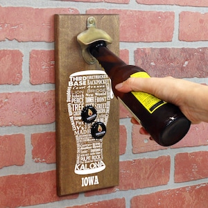Magnetic Wall Mounted Bottle Opener - Iowa Craft Beer Typography - Holds 150+ Caps - Father&#39;s Day Gift - Man Cave - Groomsmen Gift