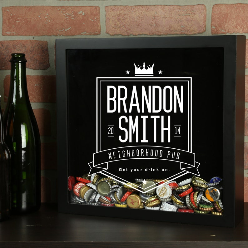 Personalized Beer Cap Shadow Box, Neighborhood Pub Beer Cap Shadow Box Beer Bottle Cap Holder, Beer Lover's Gift, Craft Beer Collection image 1