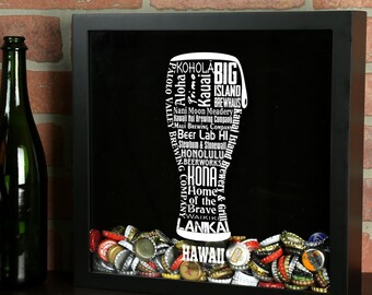 Hawaii Craft Beer Typography Beer Cap Shadow Box - Beer Bottle Cap Holder