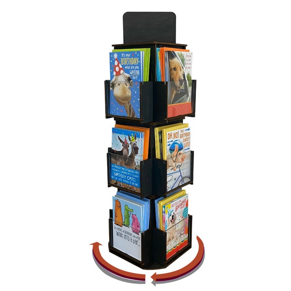 Rotating Greeting Card Display Stand, 3 Tier Wooden Organizer, 4-Sided Display Rack 360 Degree Spinning Multi-Pocket Display for Coasters,