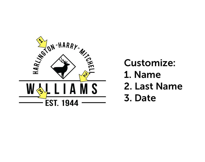 May include: A black and white graphic design featuring a silhouette of a stag inside a diamond shape. The text reads HARLINGTON HARRY MITCHELL, WILLIAMS, and EST. 1944. Three yellow arrows point to specific areas labeled Customize: 1. Name, 2. Last Name, 3. Date.